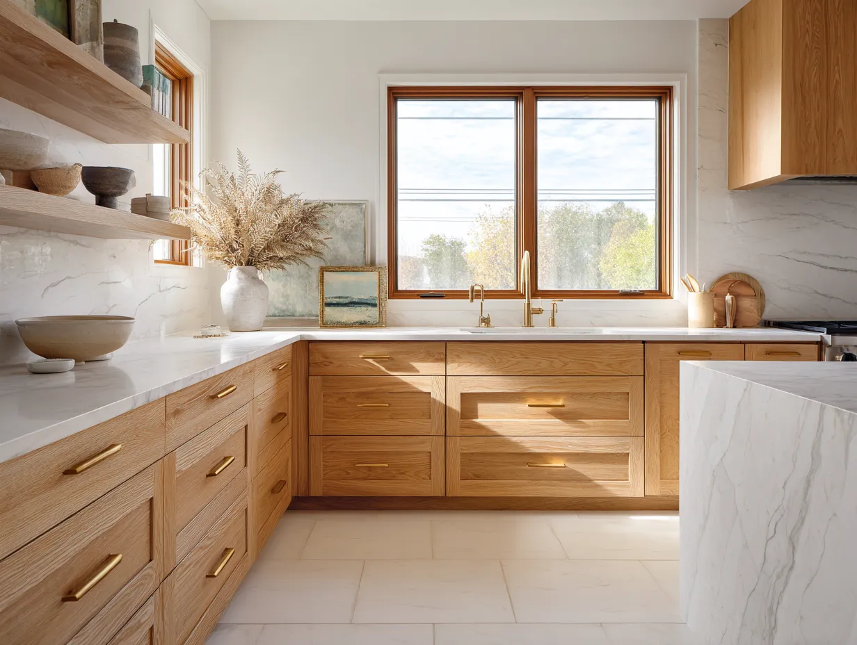 white oak flat-front cabinets with marble countertop