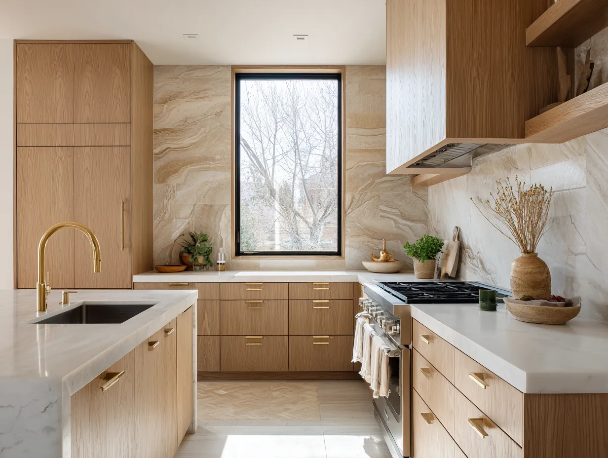 organic modern kitchen with white oak lower cabinets