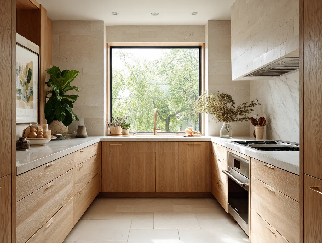 walnut kitchen cabinets paired with bright quartz countertop