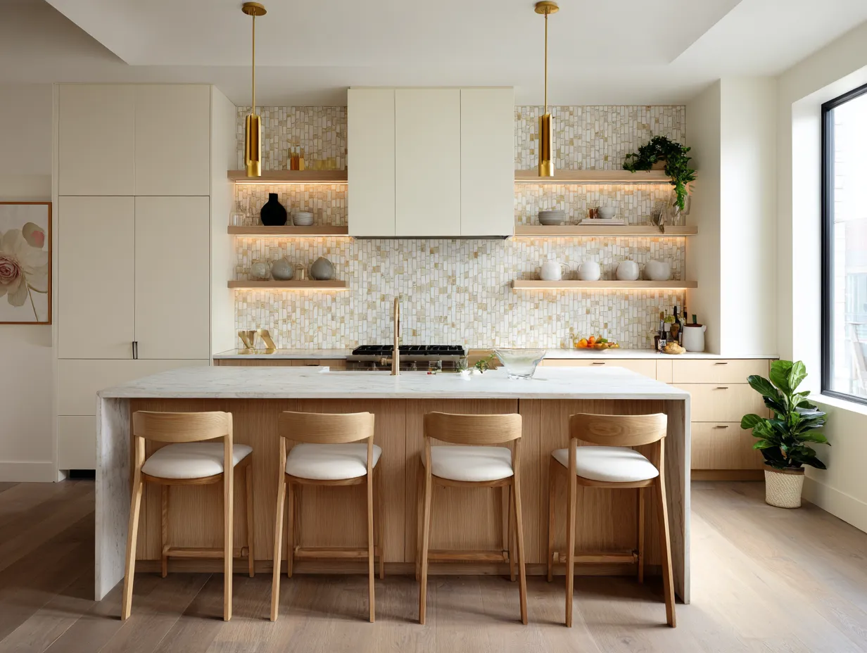 two-tone kitchen with white oak lower and white upper cabinets