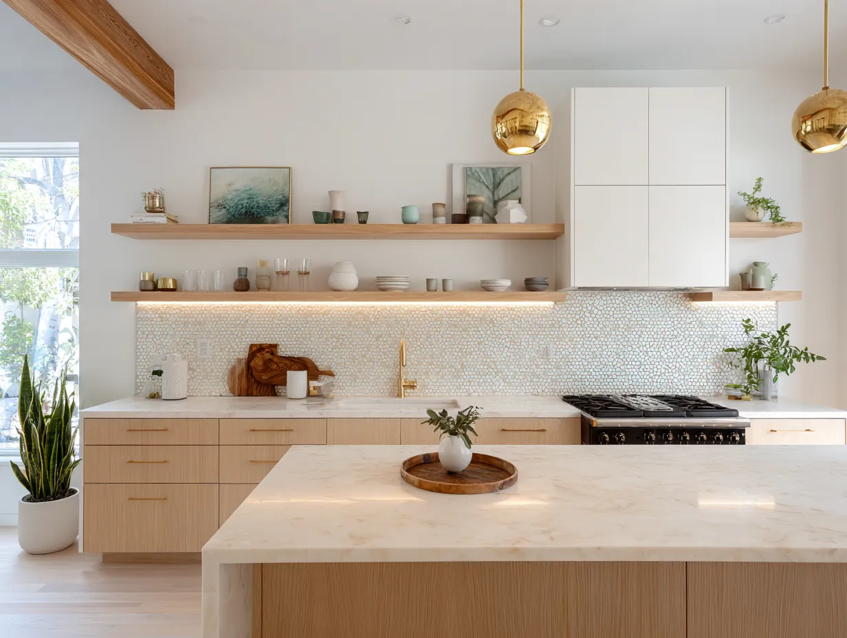 brass pendant light above warm wood kitchen island