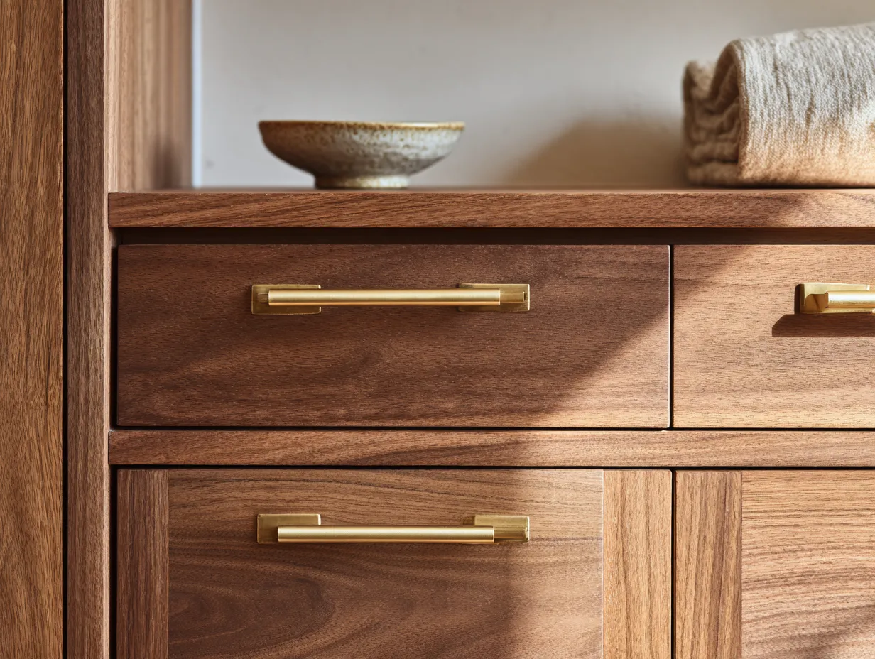matte black hardware detail on white oak cabinet door