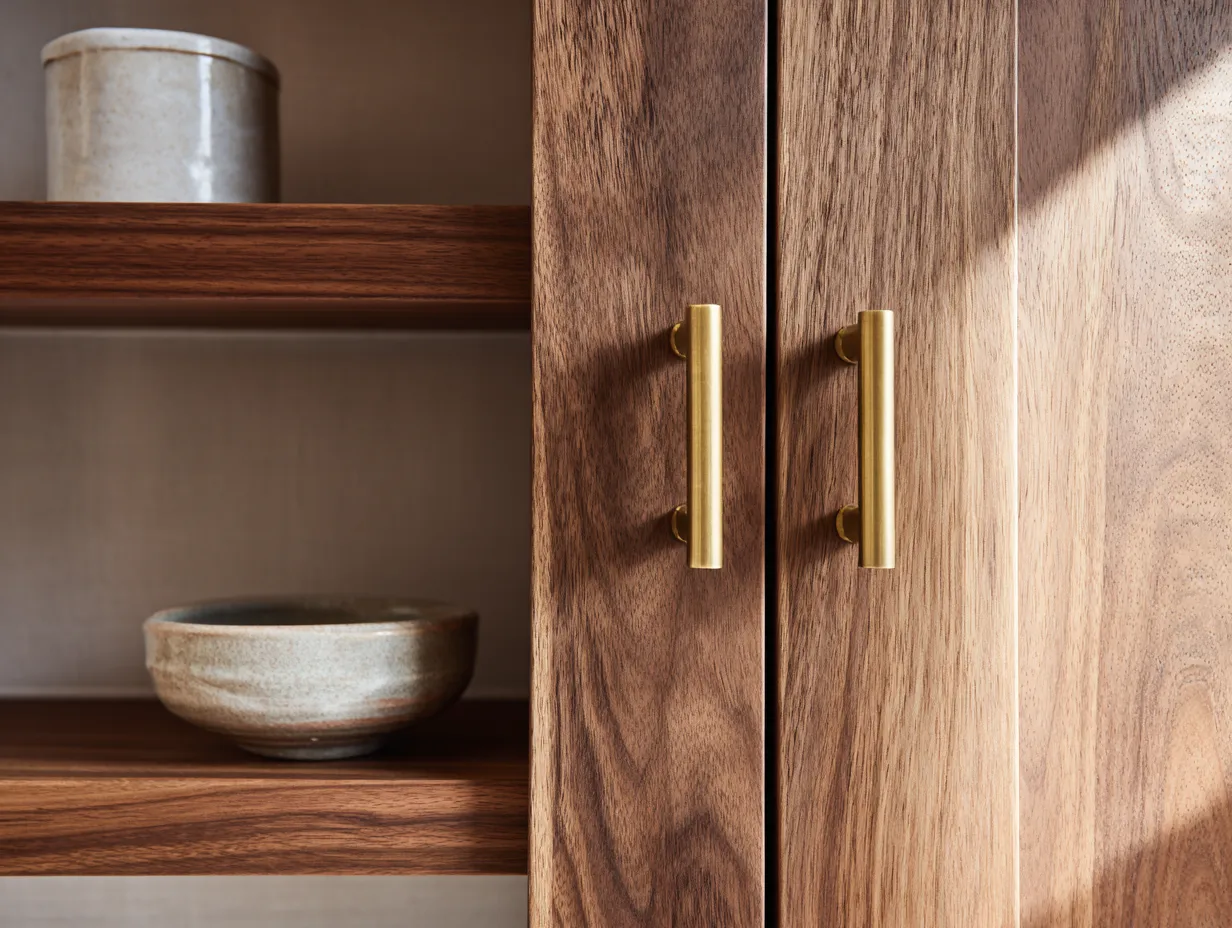 integrated finger pull routed into flat-front wood cabinet