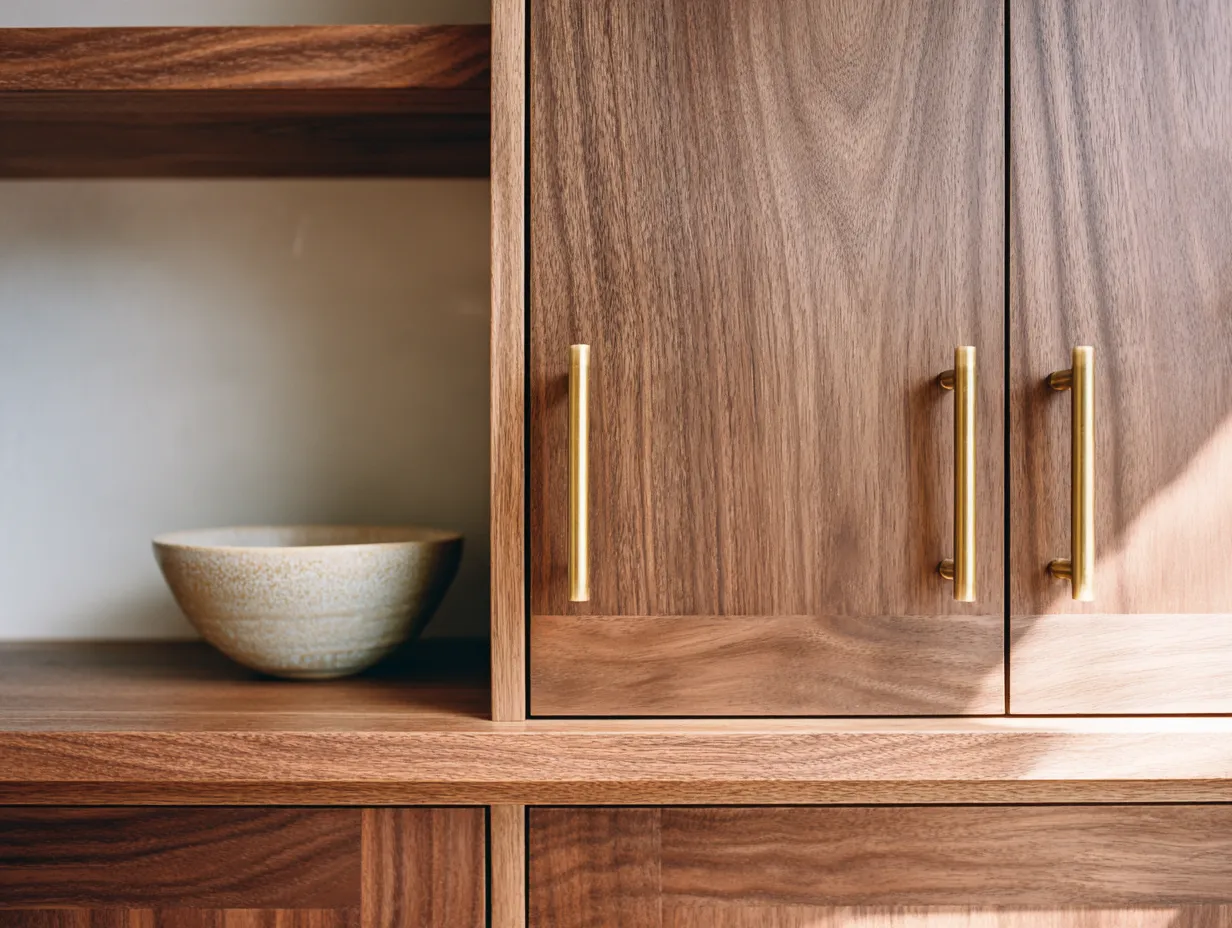 unlacquered brass kitchen cabinet hardware patina detail