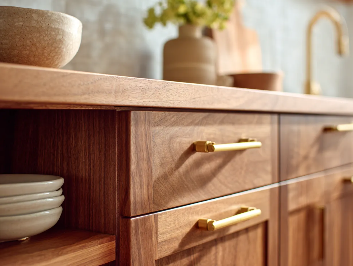 brushed brass pull on warm walnut kitchen cabinet