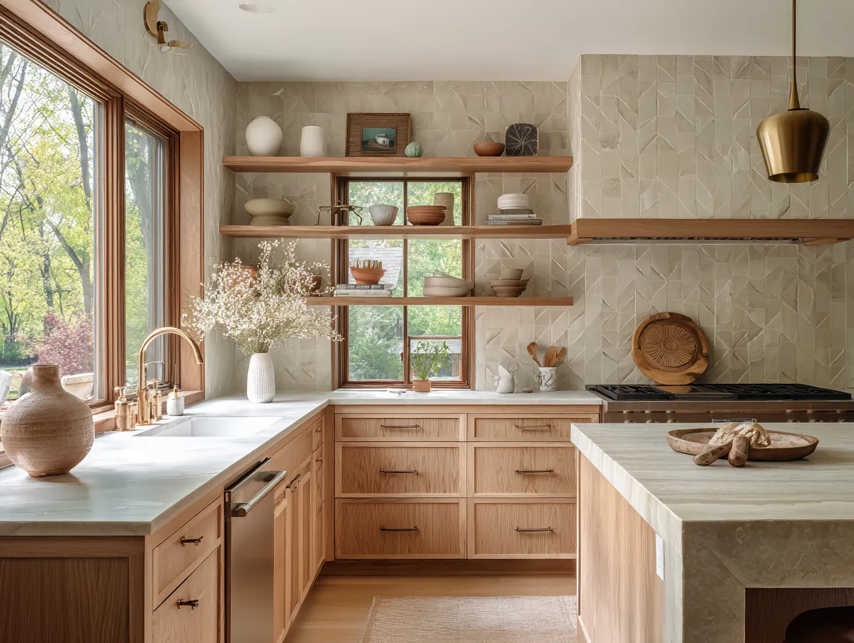 leathered quartzite countertop with warm maple kitchen cabinets
