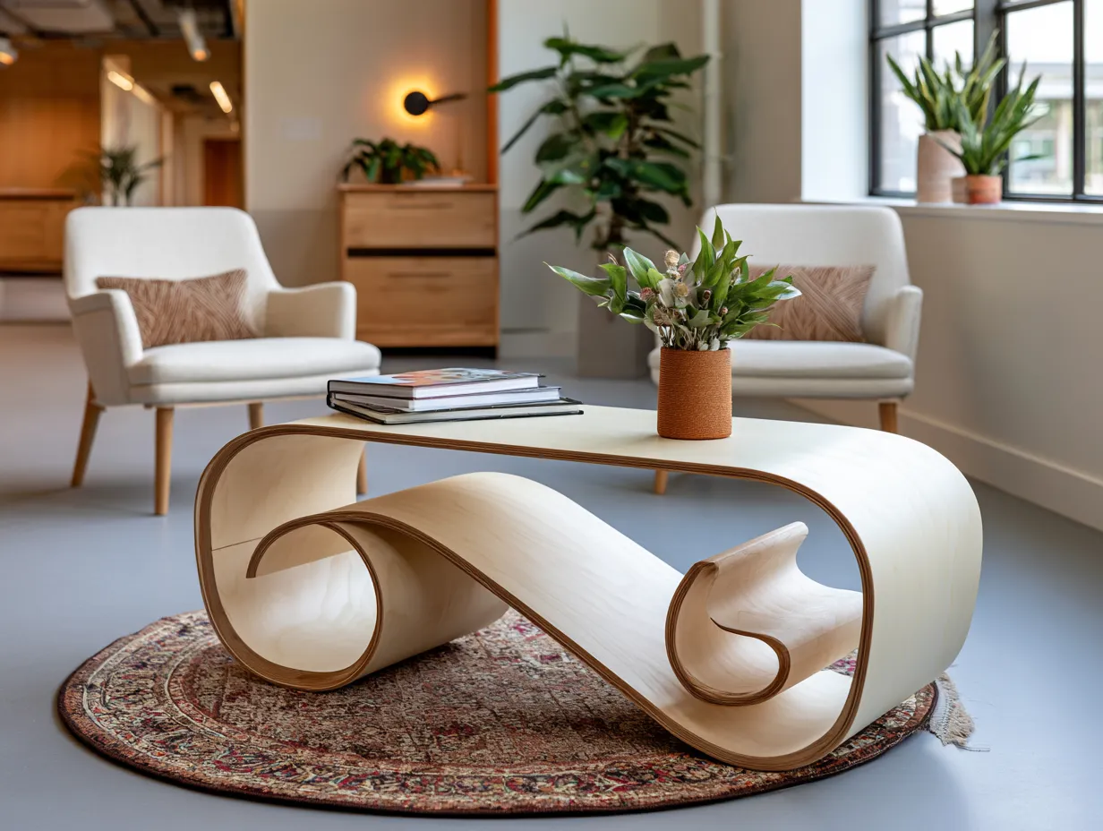 curved plywood furniture in warm organic living room interior