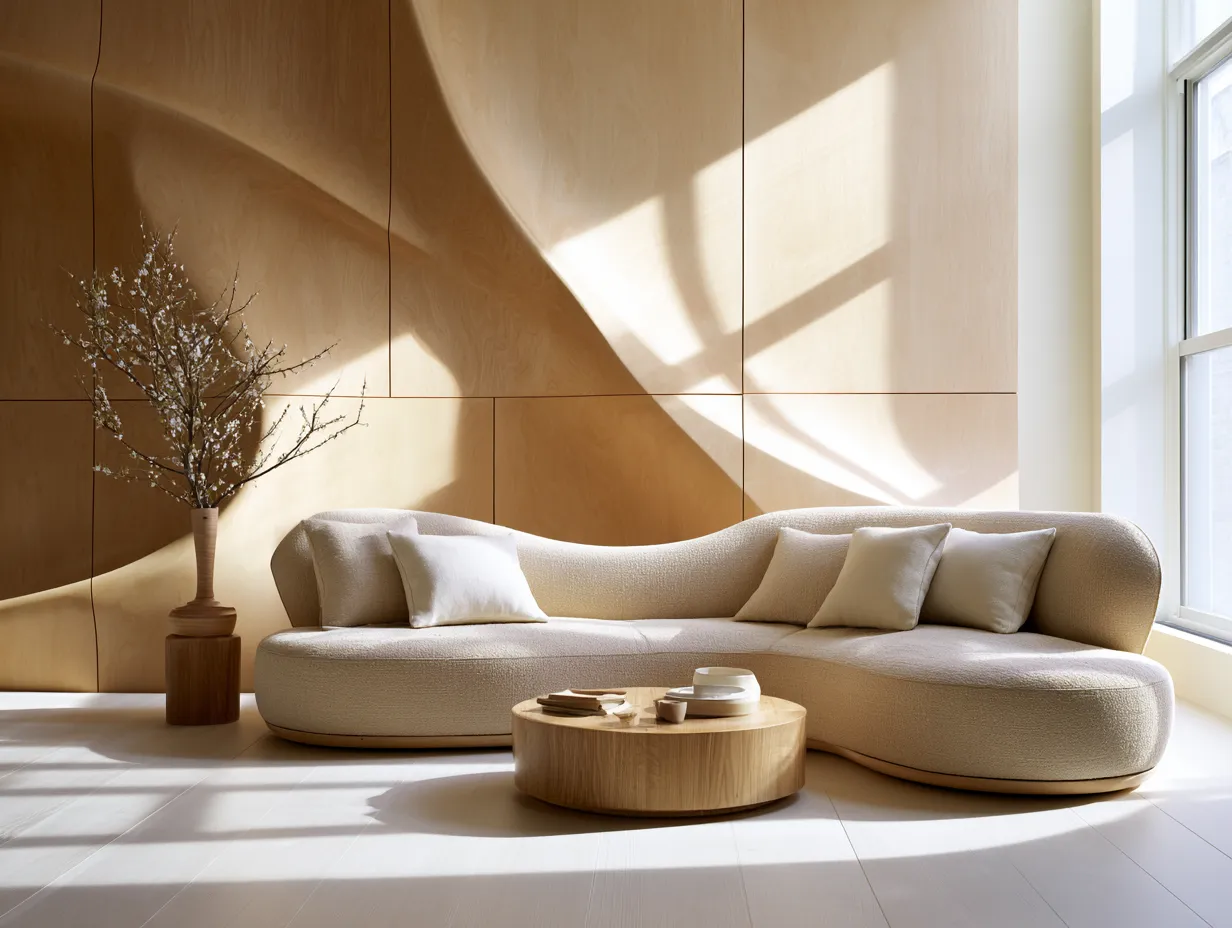 curved plywood wave wall panel in organic Scandinavian living room