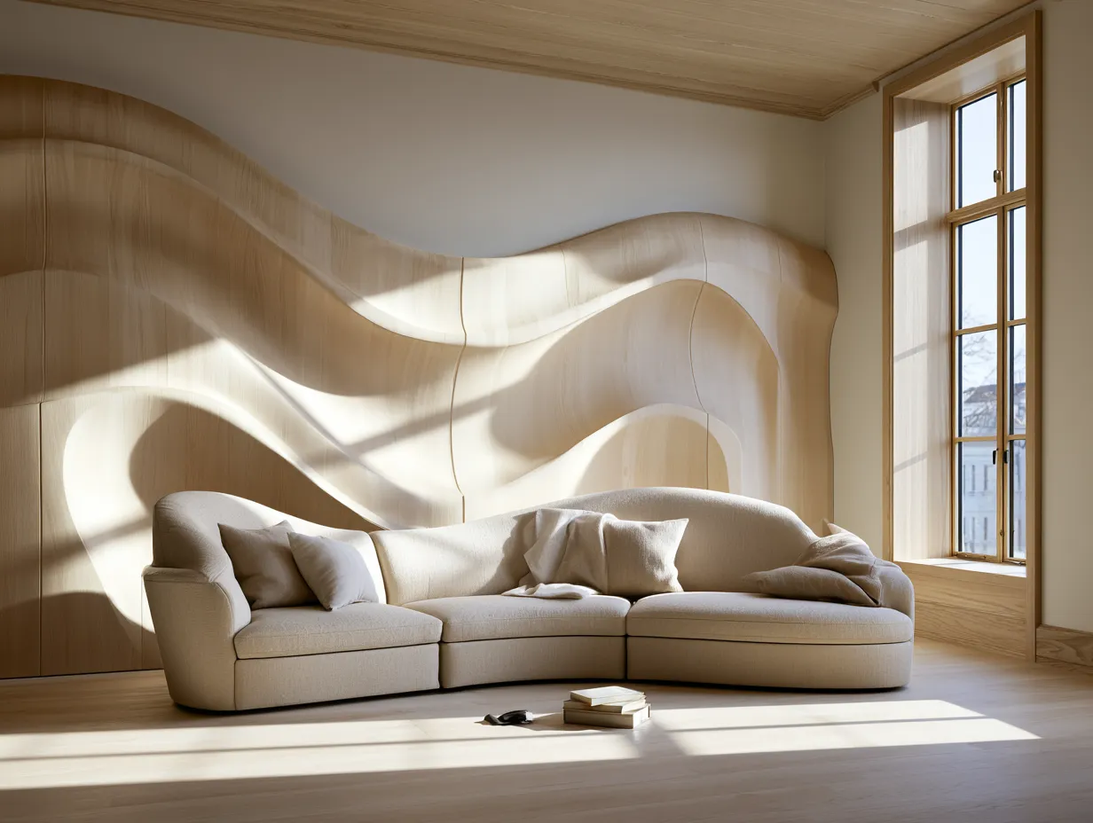 flexi plywood modular curved shelving in minimal interior