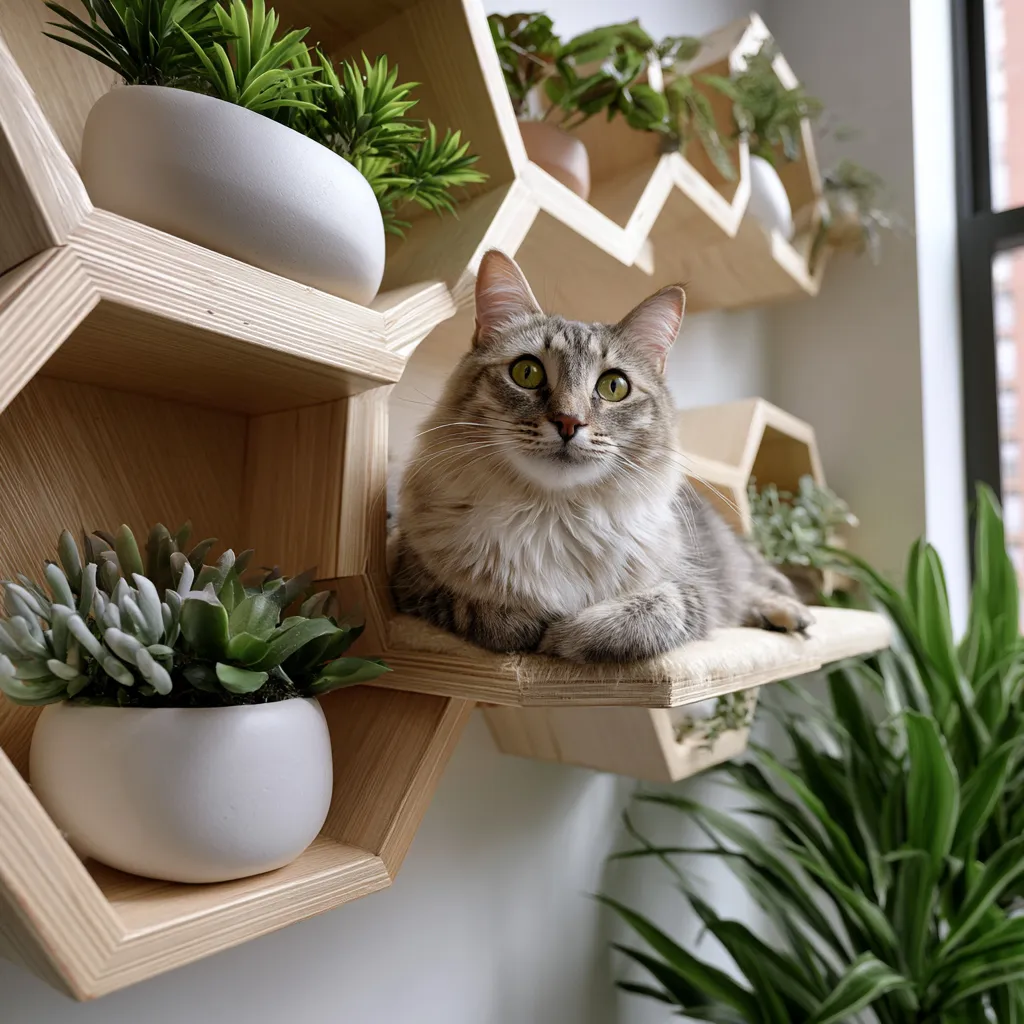 Close-up of wall-mounted cat shelves in minimalist living room setup