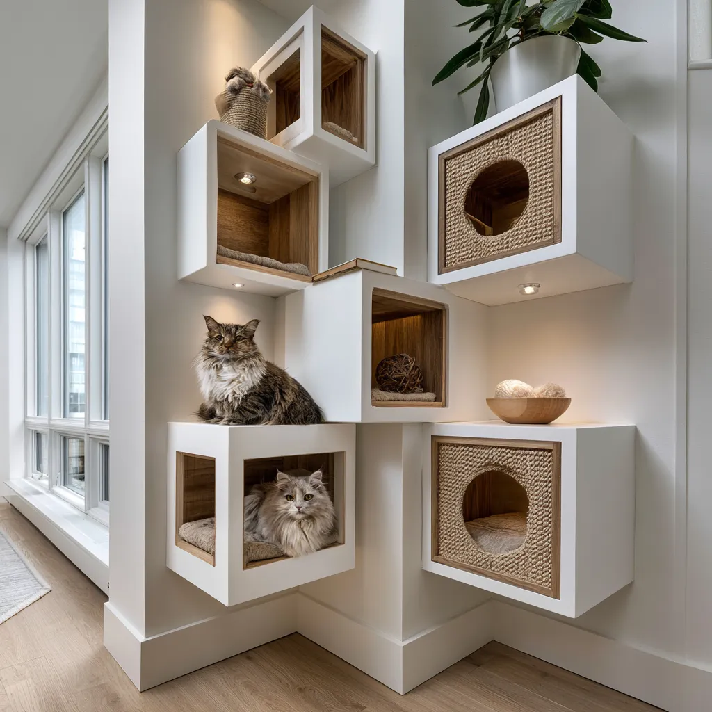 Close-up of wall-mounted cat shelves in minimalist living room setup