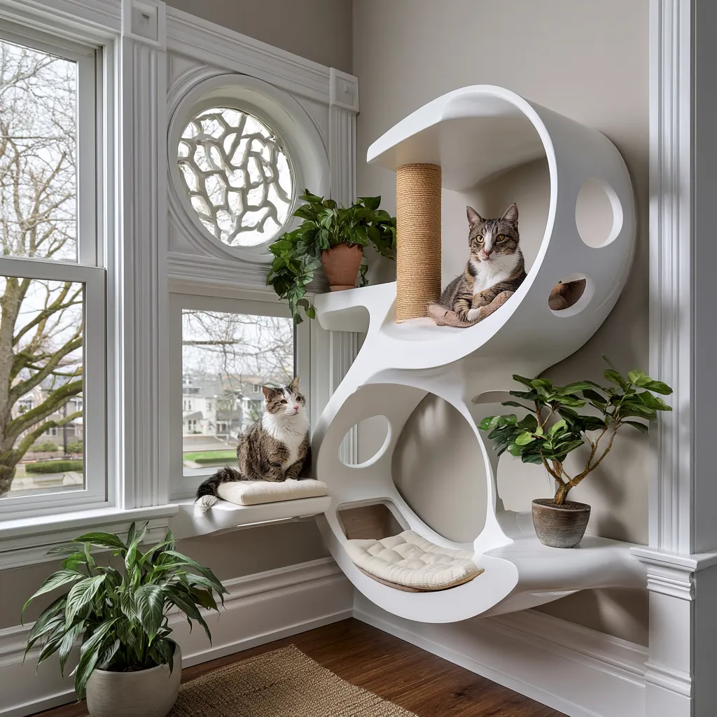Close-up of wall-mounted cat shelves in minimalist living room setup