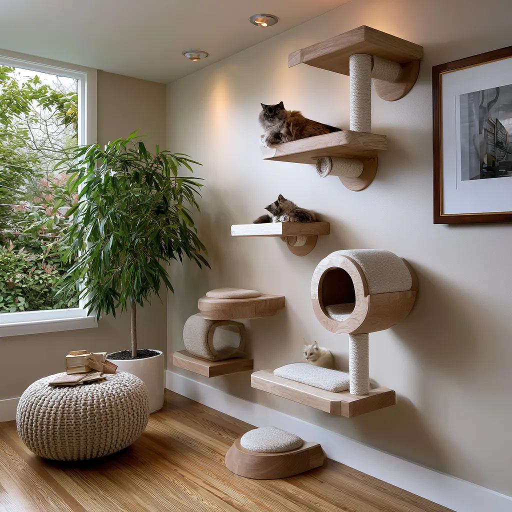 Modern vertical cat habitat with multi-level shelving and climbing structures indoors