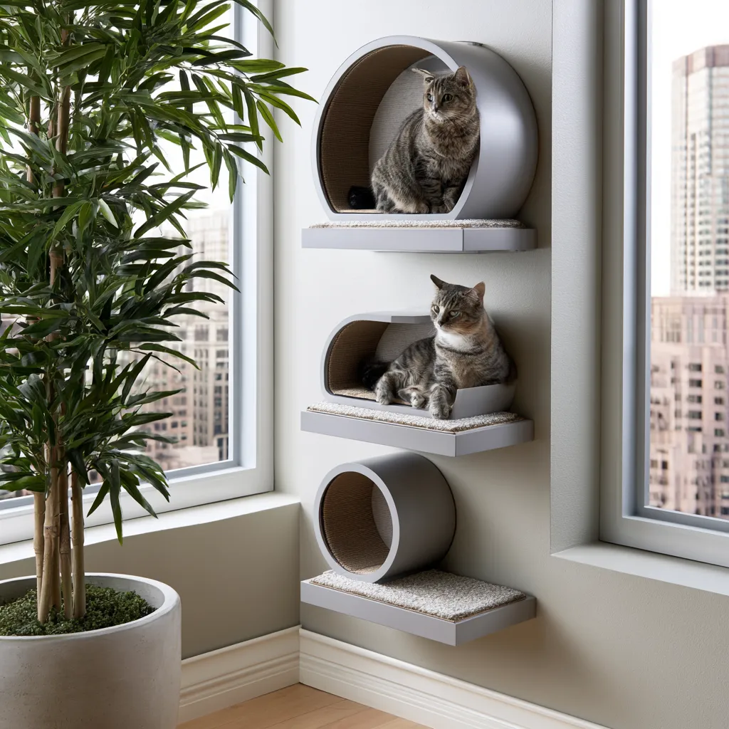Close-up of wall-mounted cat shelves in minimalist living room setup