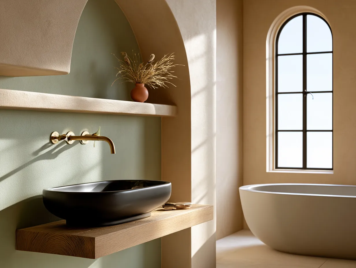 Warm wood vanity with black ceramic basin and terracotta accents