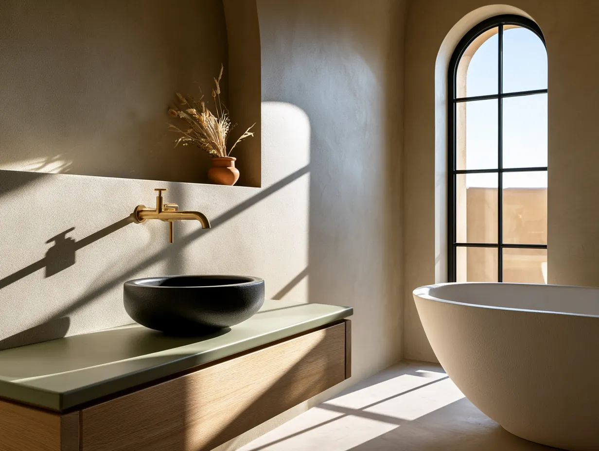 Mediterranean color palette bathroom with ochre walls and warm fixtures