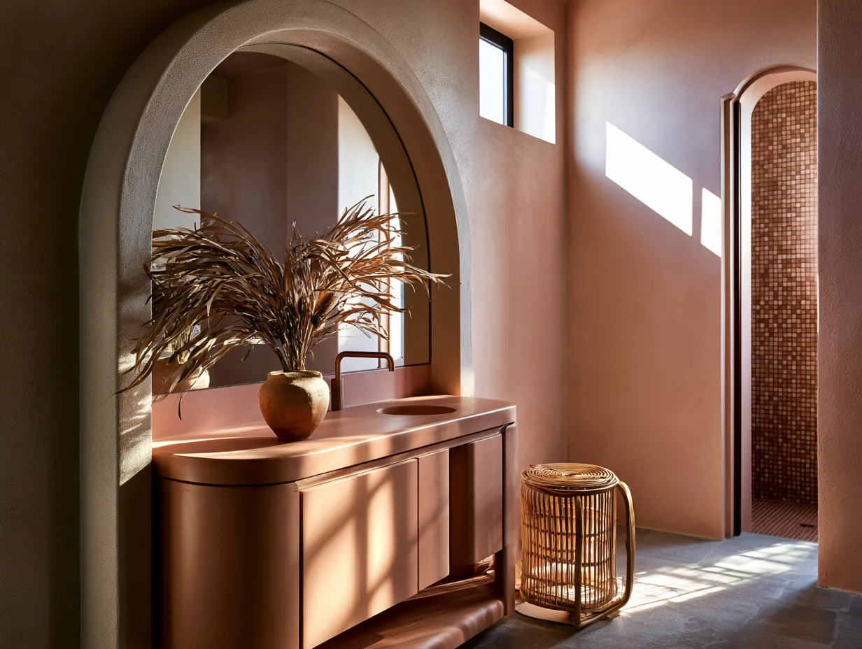 Arched plaster mirror above terracotta vanity with rattan stool