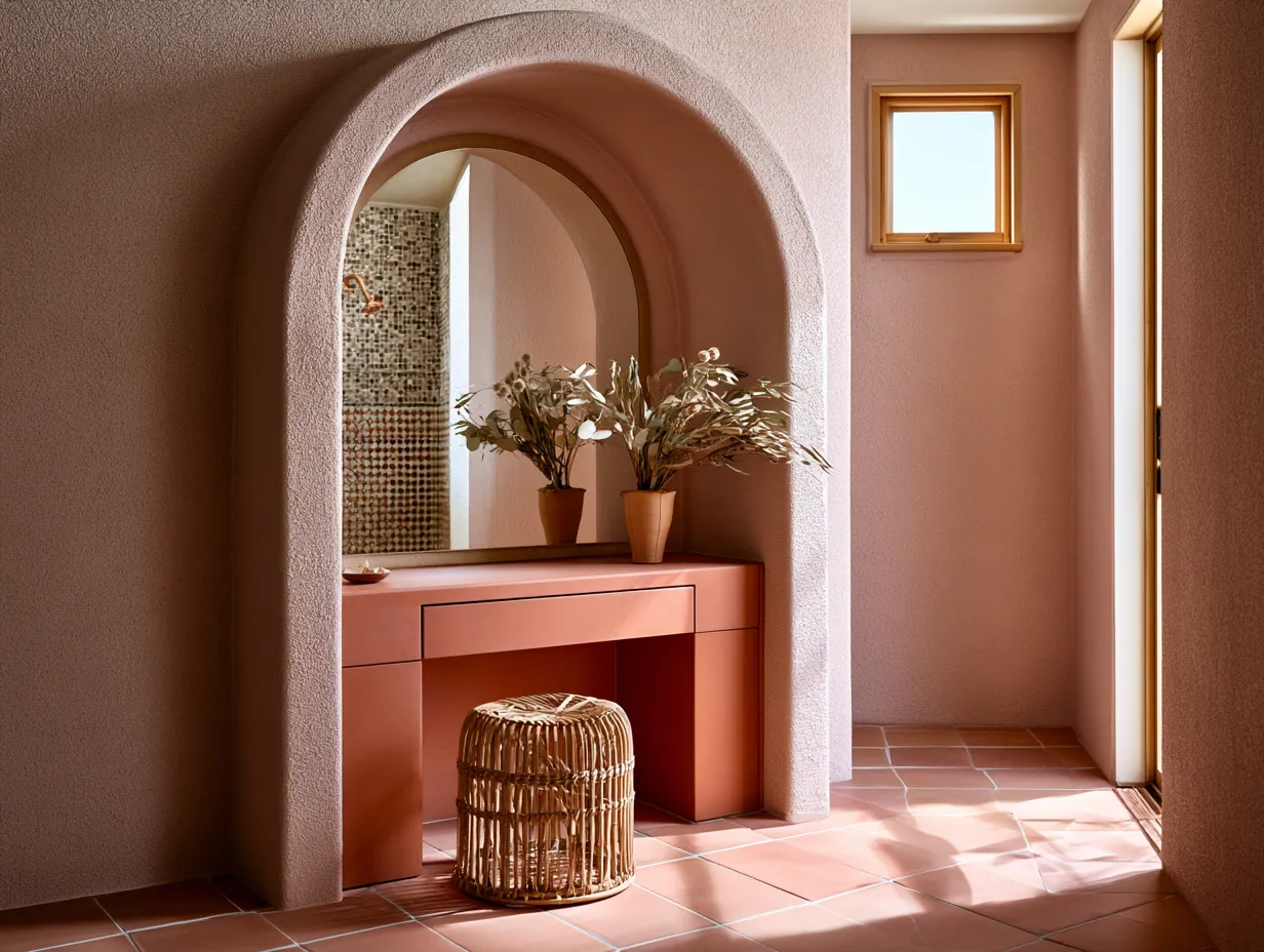 Rattan accessories and dried botanicals in warm Mediterranean bathroom
