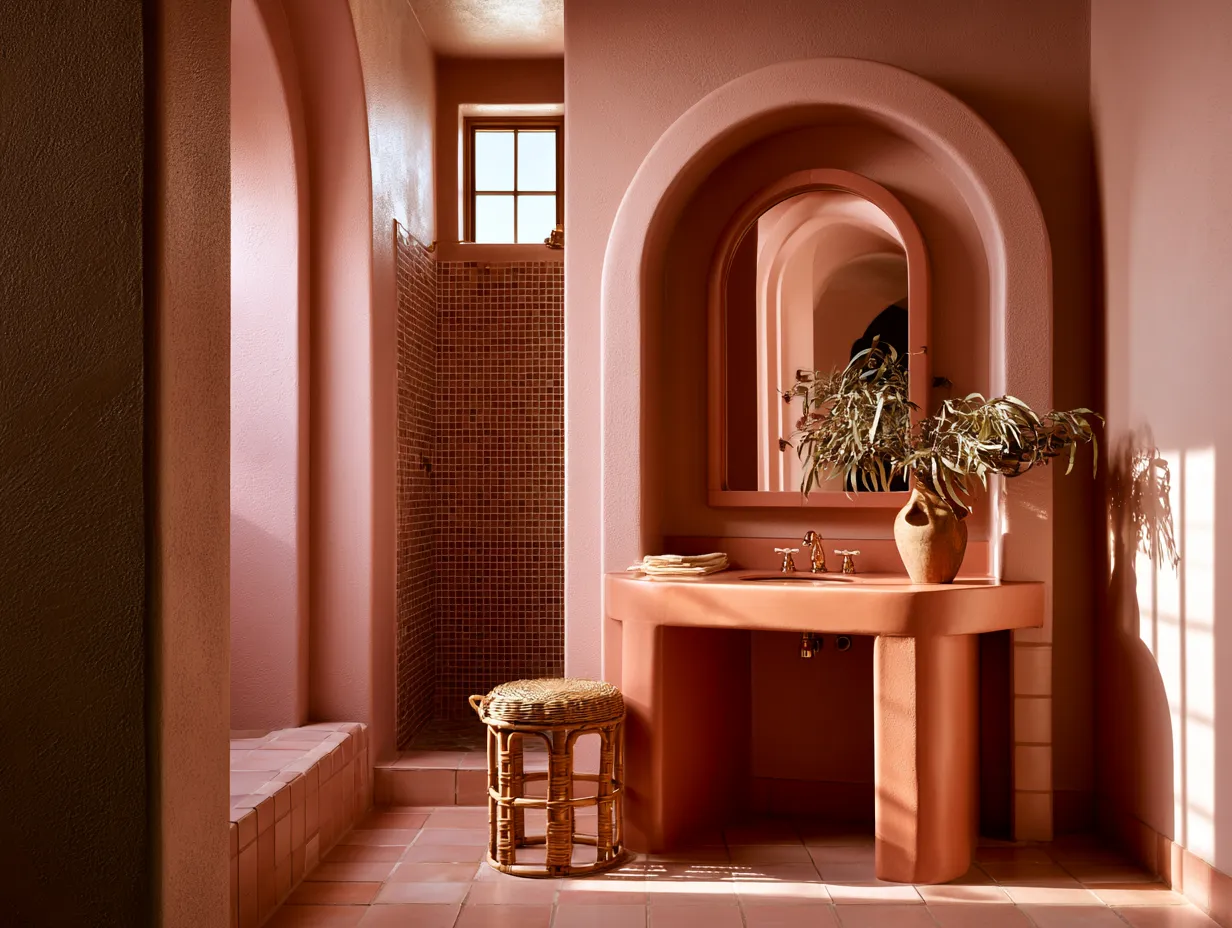 Clay vase and ceramic soap dish on sandy beige bathroom shelf