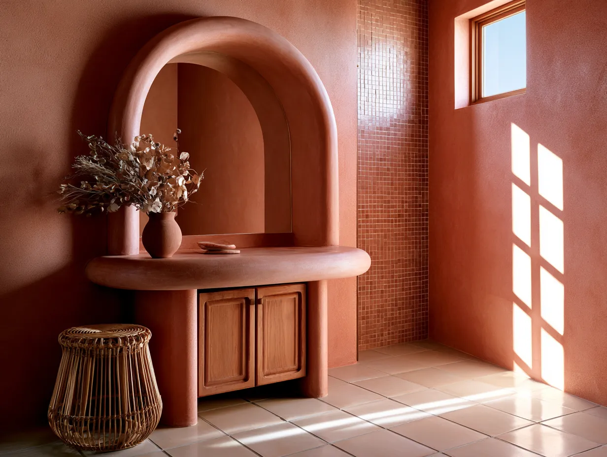 Mediterranean bathroom full view with arch mirror and zellige shower wall