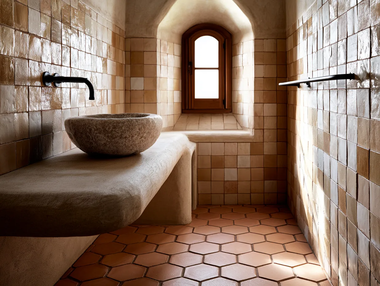 Handmade zellige tiles on Mediterranean bathroom shower wall