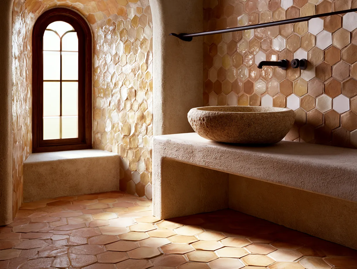 Arched window casting light on terracotta bathroom floor tiles