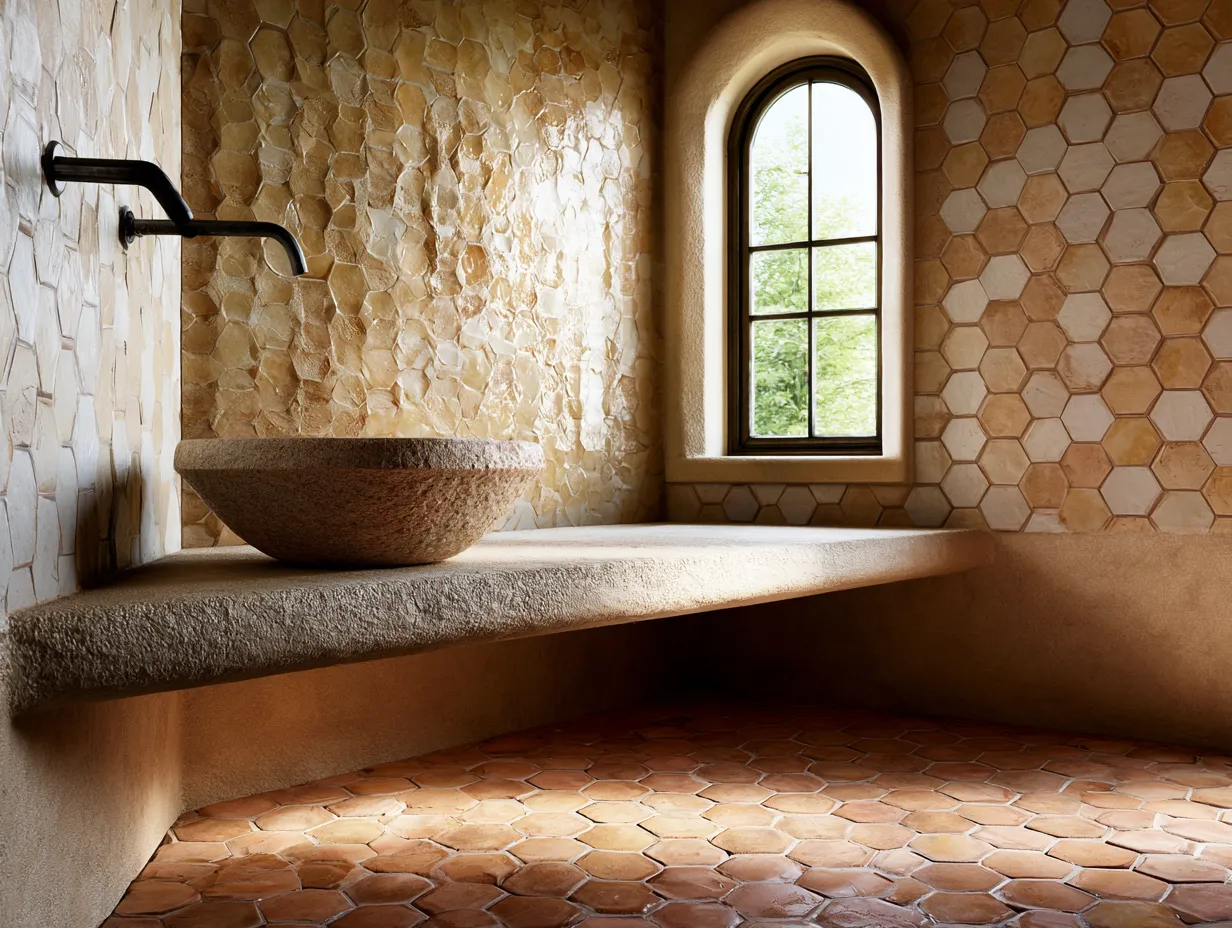 Close-up of irregular zellige tile texture in sandy bathroom