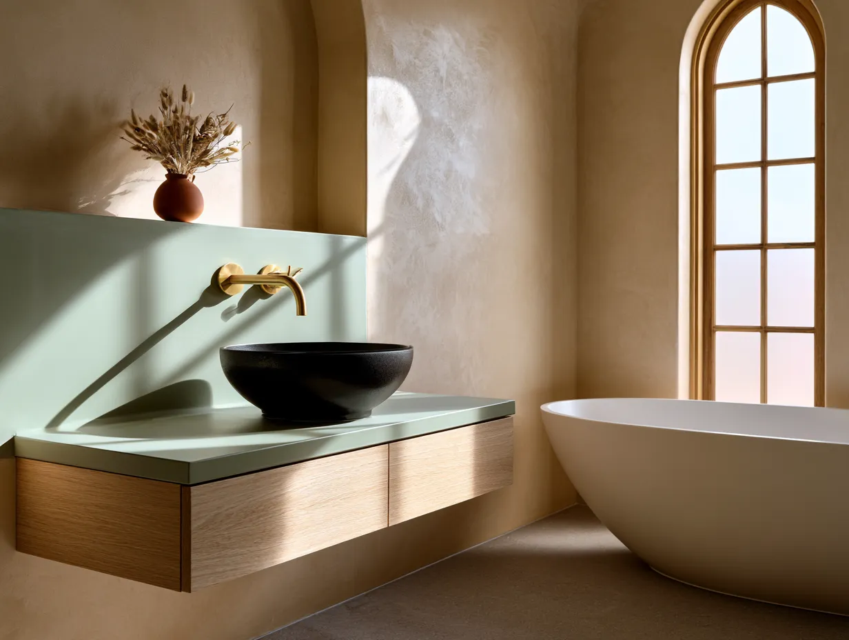 Sage green vanity with brushed gold faucet in Mediterranean bathroom