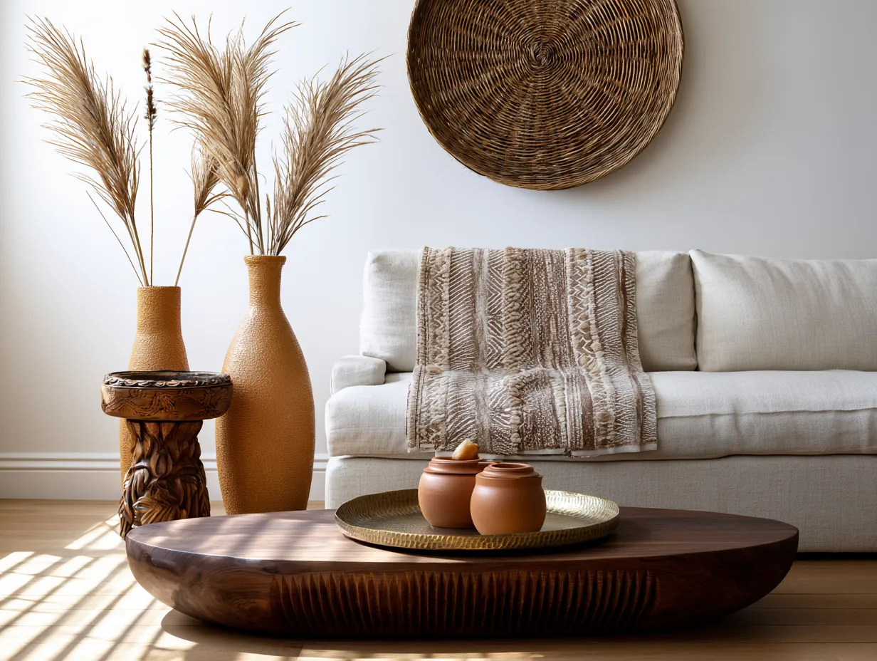 Afrohemian vignette with mudcloth throw and carved wood accents