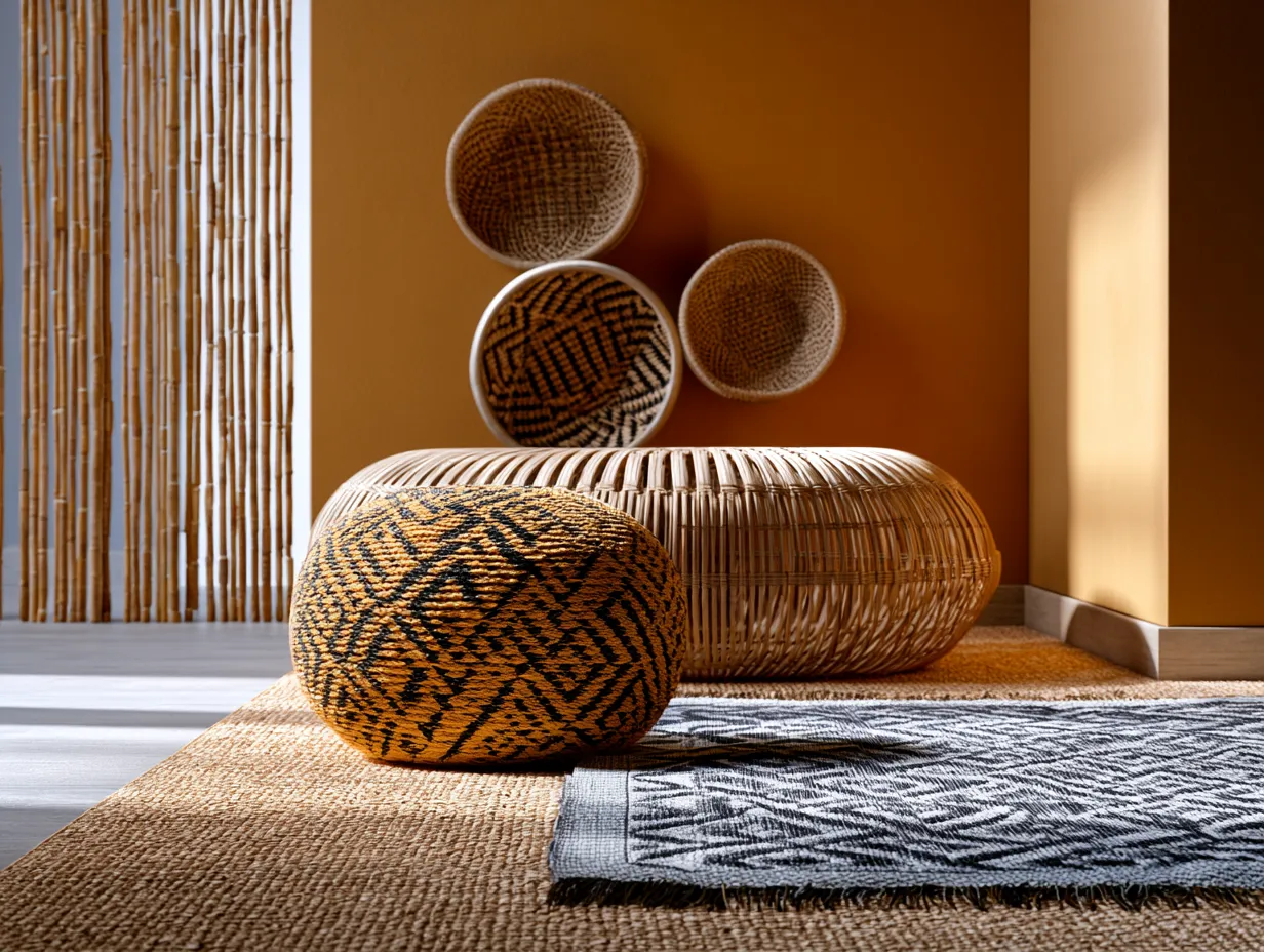 Natural fiber rug layering with African geometric pattern