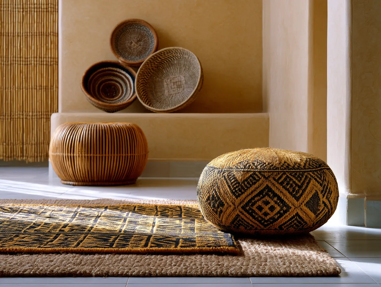 Layered jute and kilim rugs in afrohemian living room