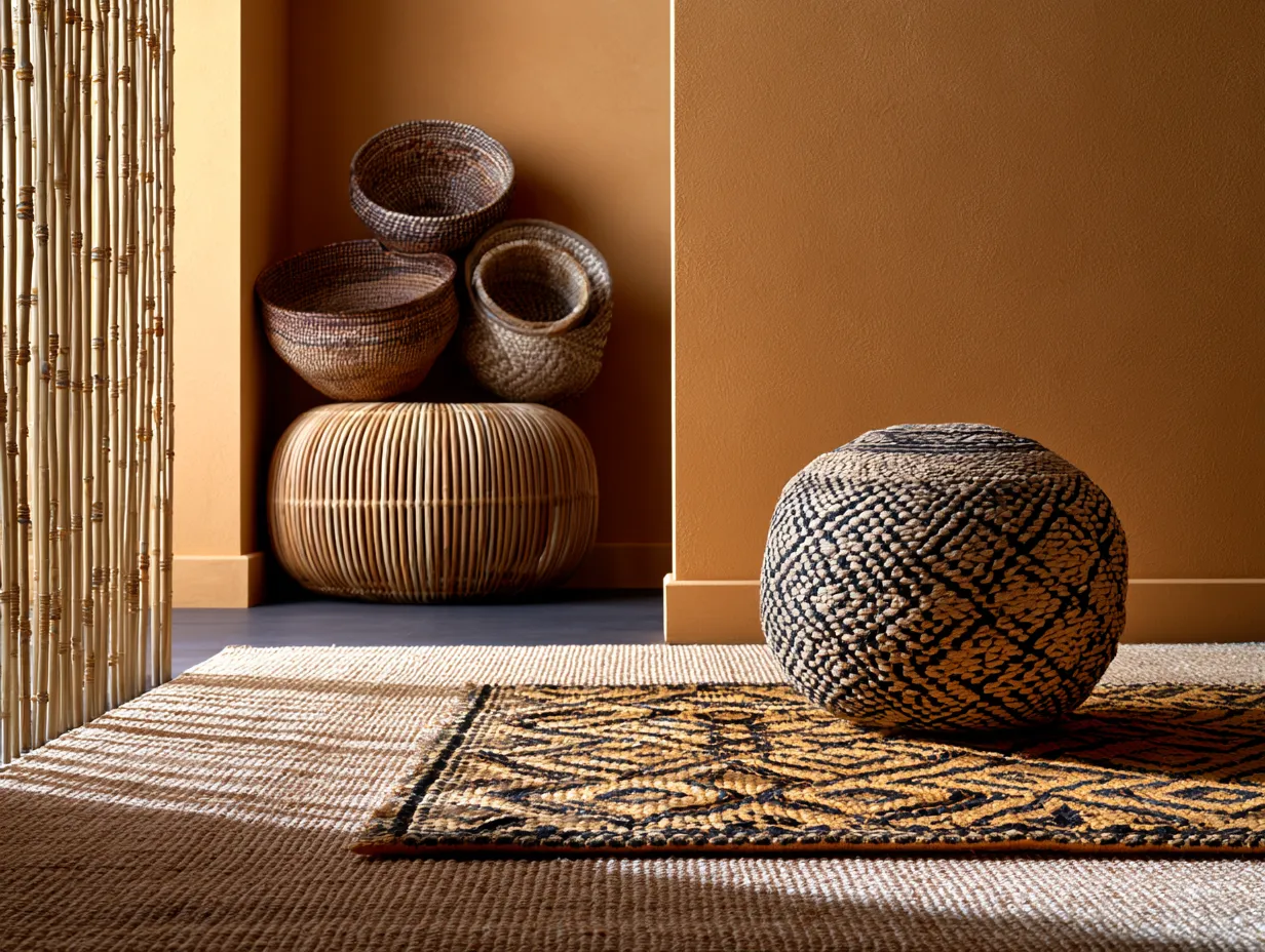 Tonga woven baskets clustered on warm clay wall