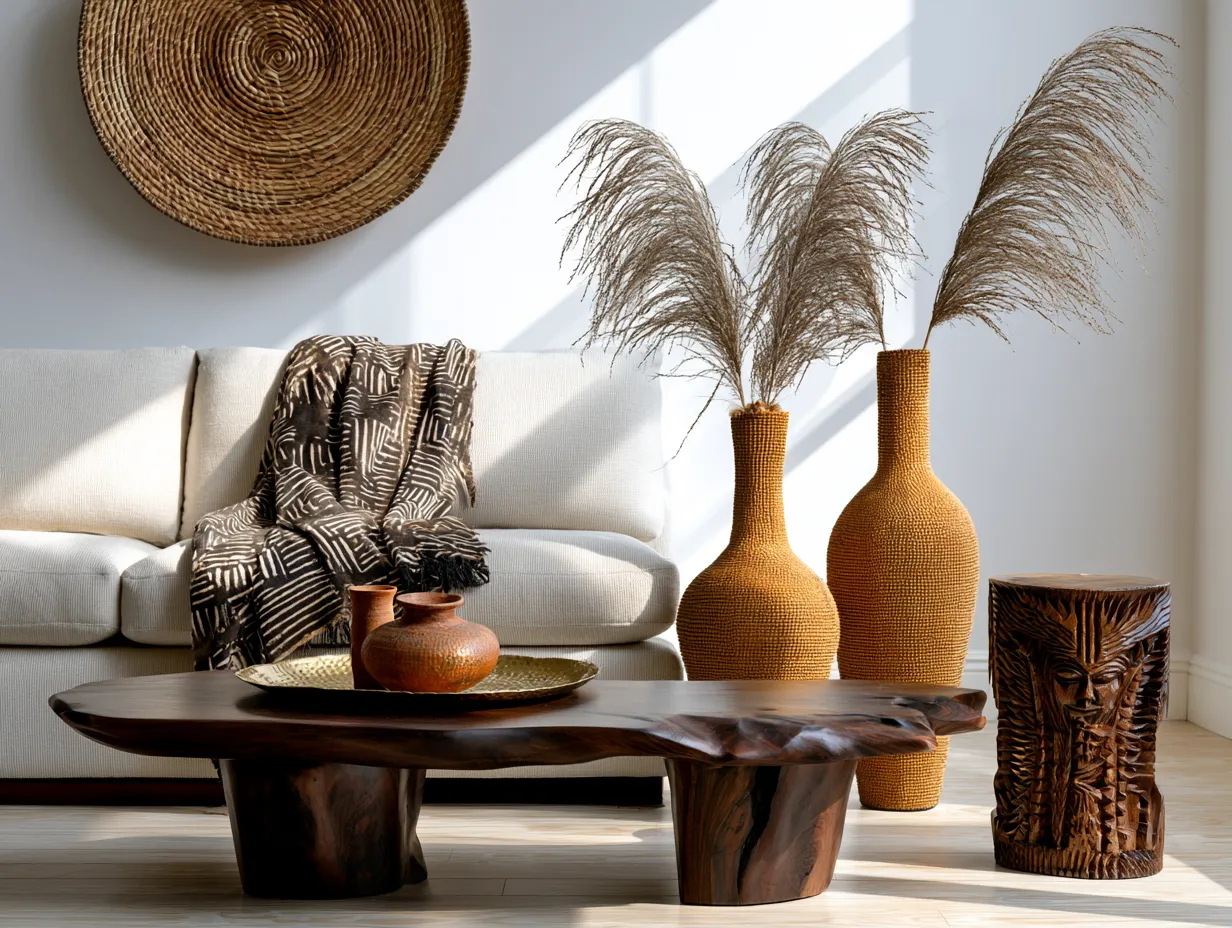 Hand-turned mango wood bowls on console with woven textile wall art