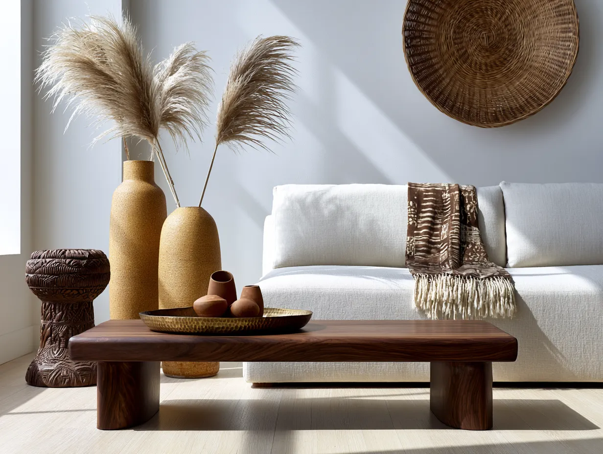 Carved wood stool beside terracotta vases in warm living room