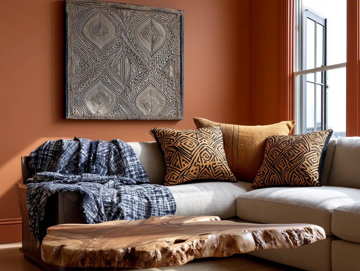 Framed kuba cloth wall art above linen sectional
