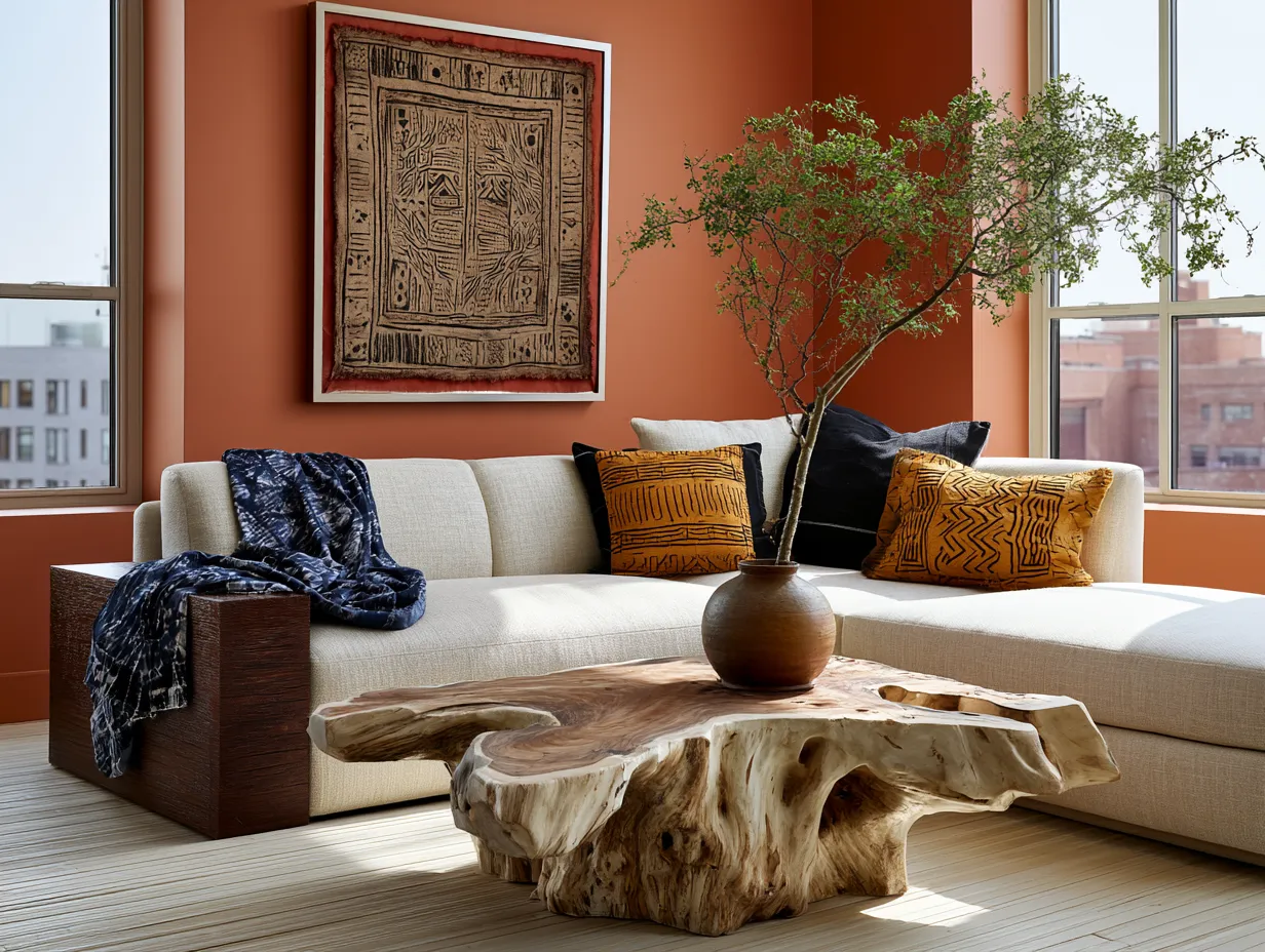 Terracotta wall with indigo textile accent and wood table