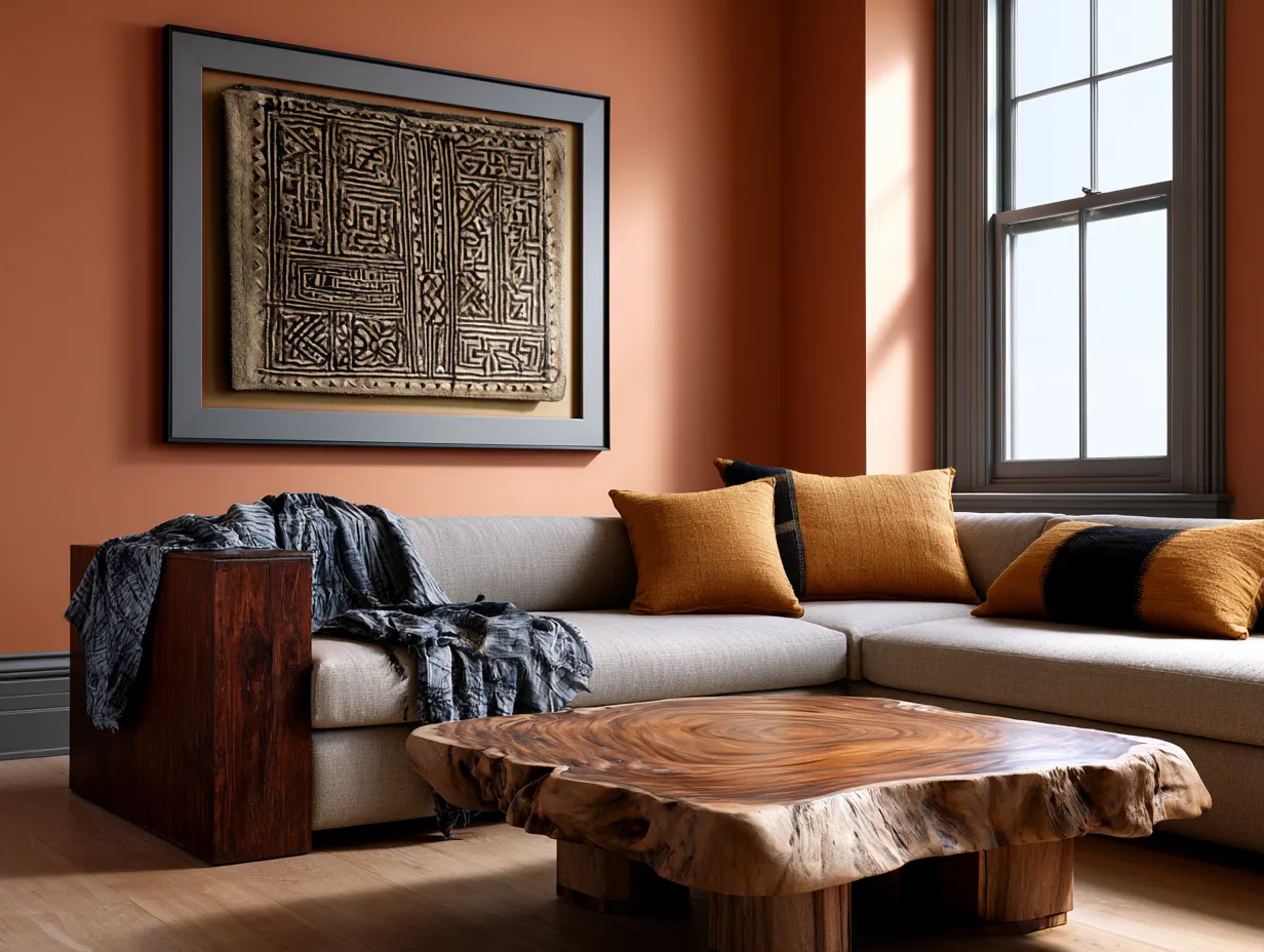Afrohemian living room anchored by African fabric panels