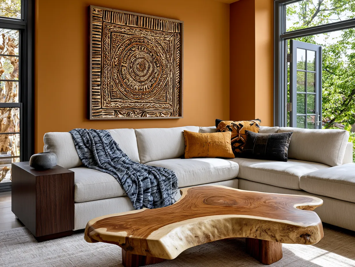 Mudcloth pillow and adire fabric on dark wood sofa
