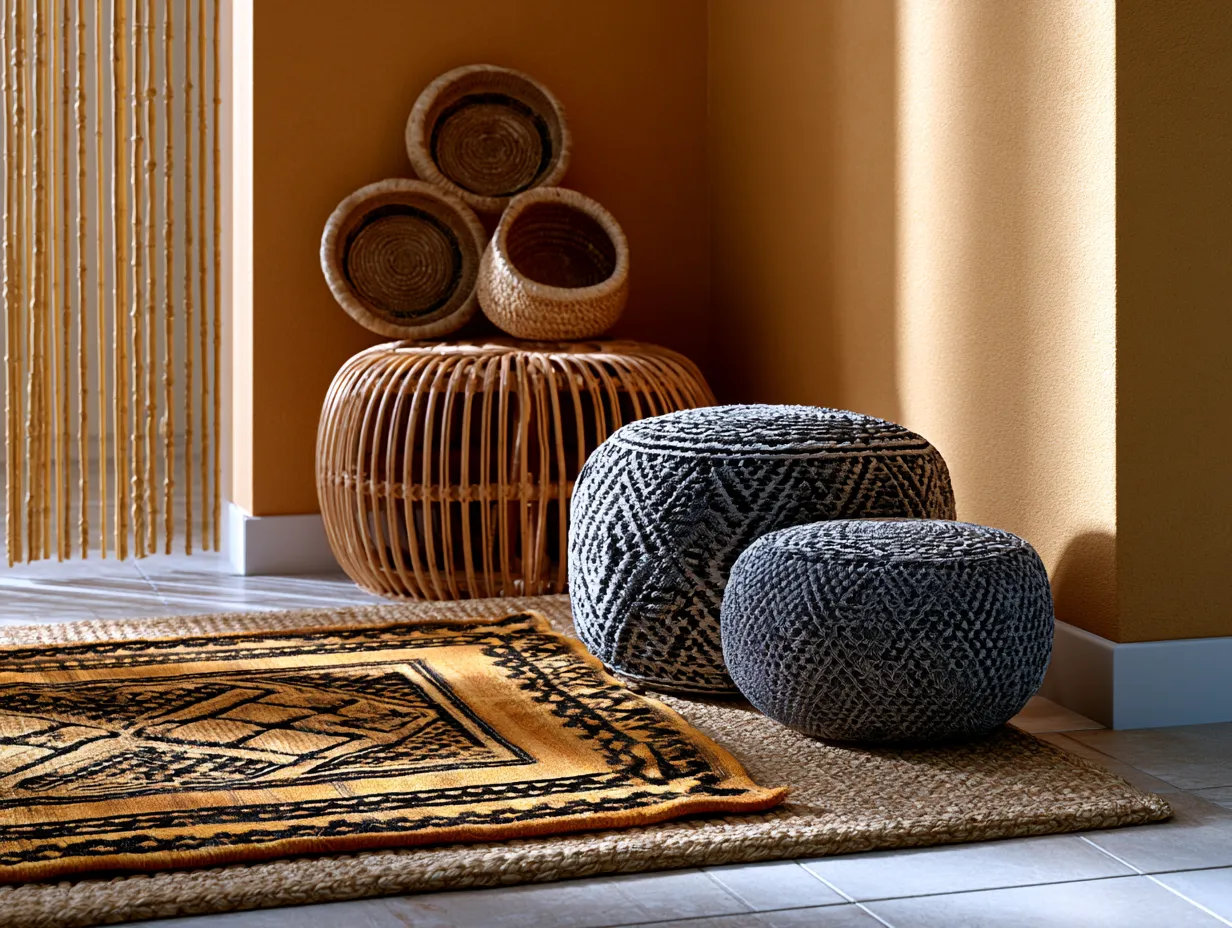 Rattan pouffe beside bamboo beaded curtain doorway