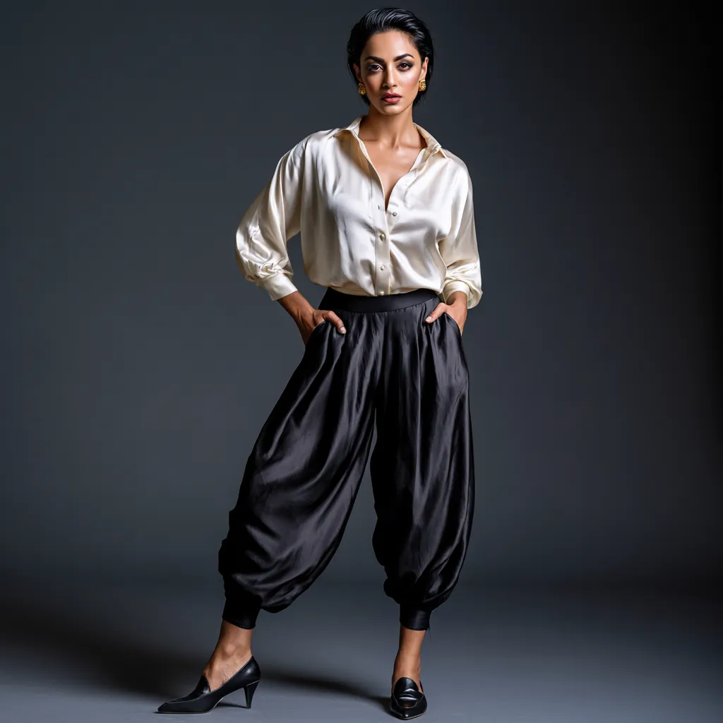 Black silk balloon pants evening outfit editorial lighting