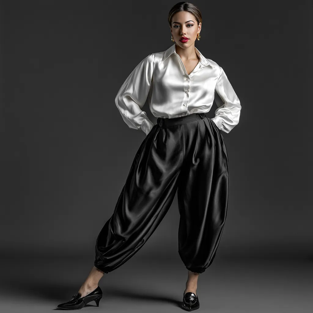 Tailored genie pants satin blouse sophisticated styling