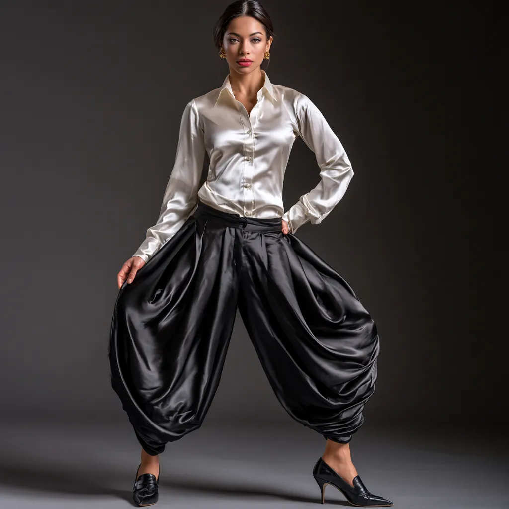 Silk harem pants evening look charcoal studio background
