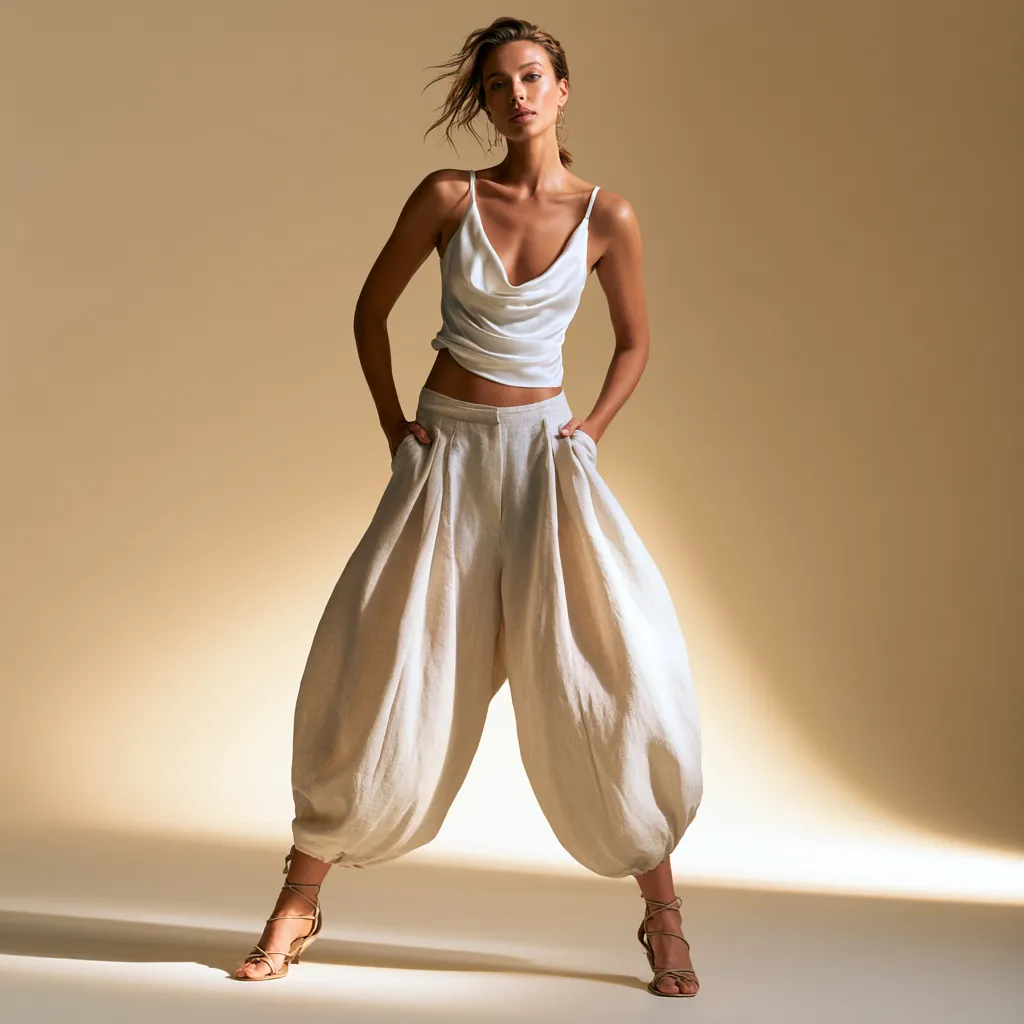 Voluminous chiffon harem pants editorial fashion shoot