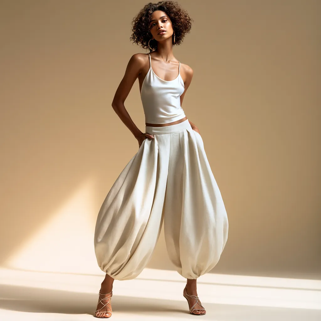 Poplin genie pants minimal background fashion magazine