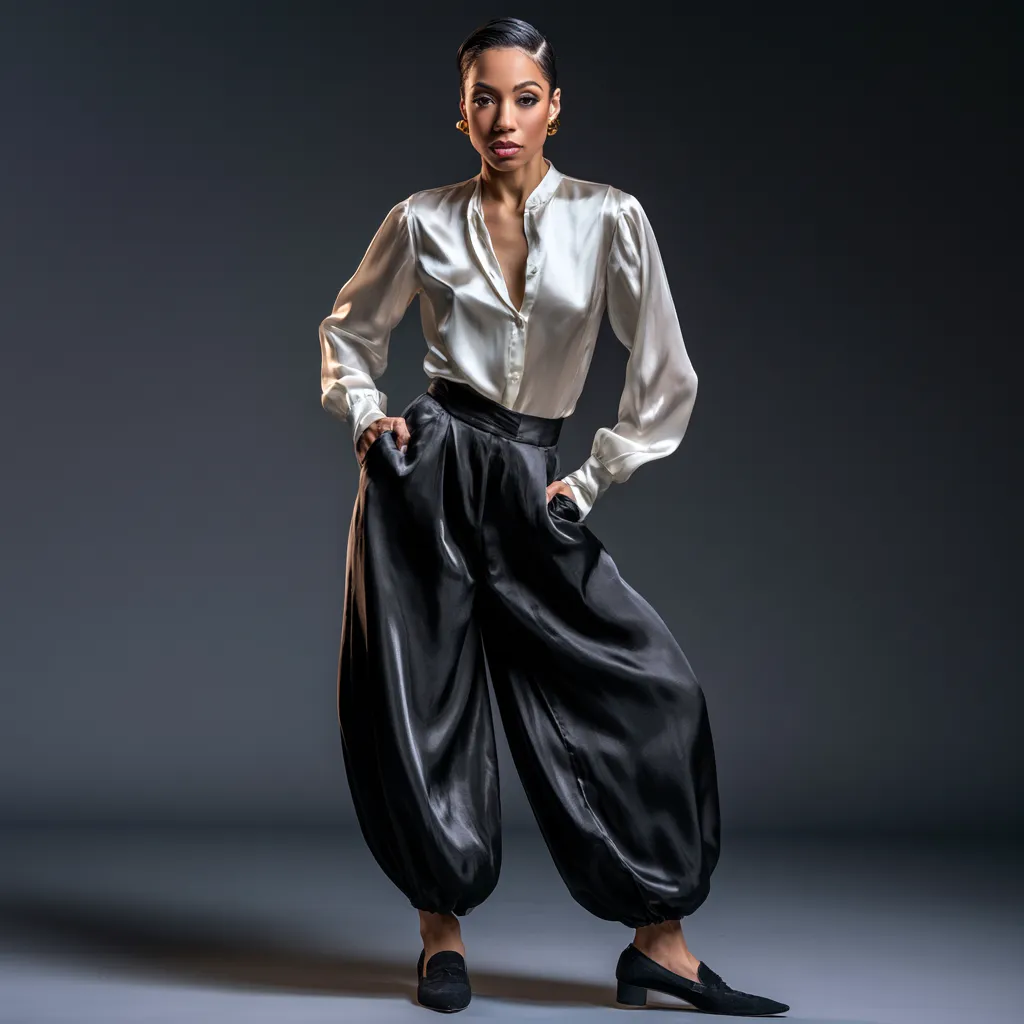 Dressed-up balloon pants minimal jewelry fashion magazine shoot