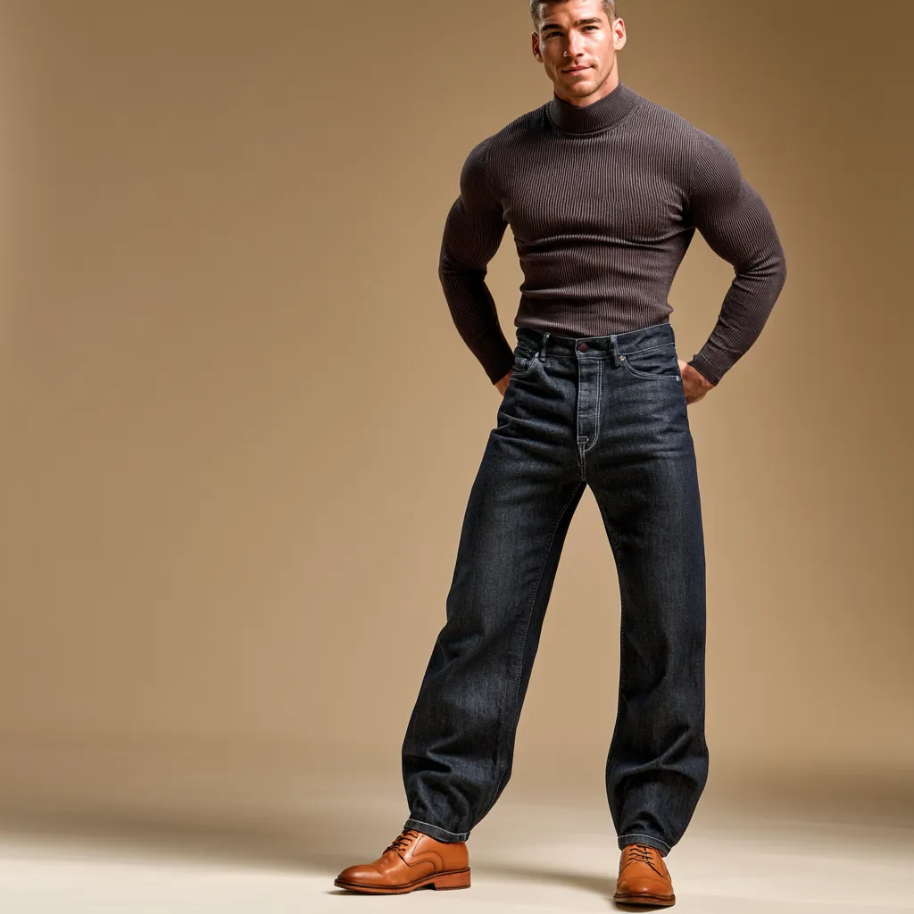 curved jeans men tucked knit loafers editorial fashion