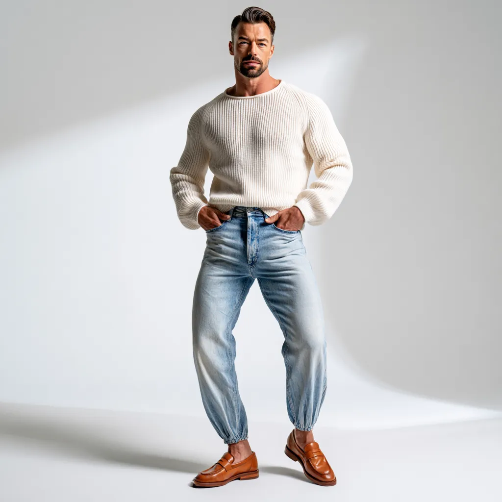 sculptural barrel fit jeans men white background editorial