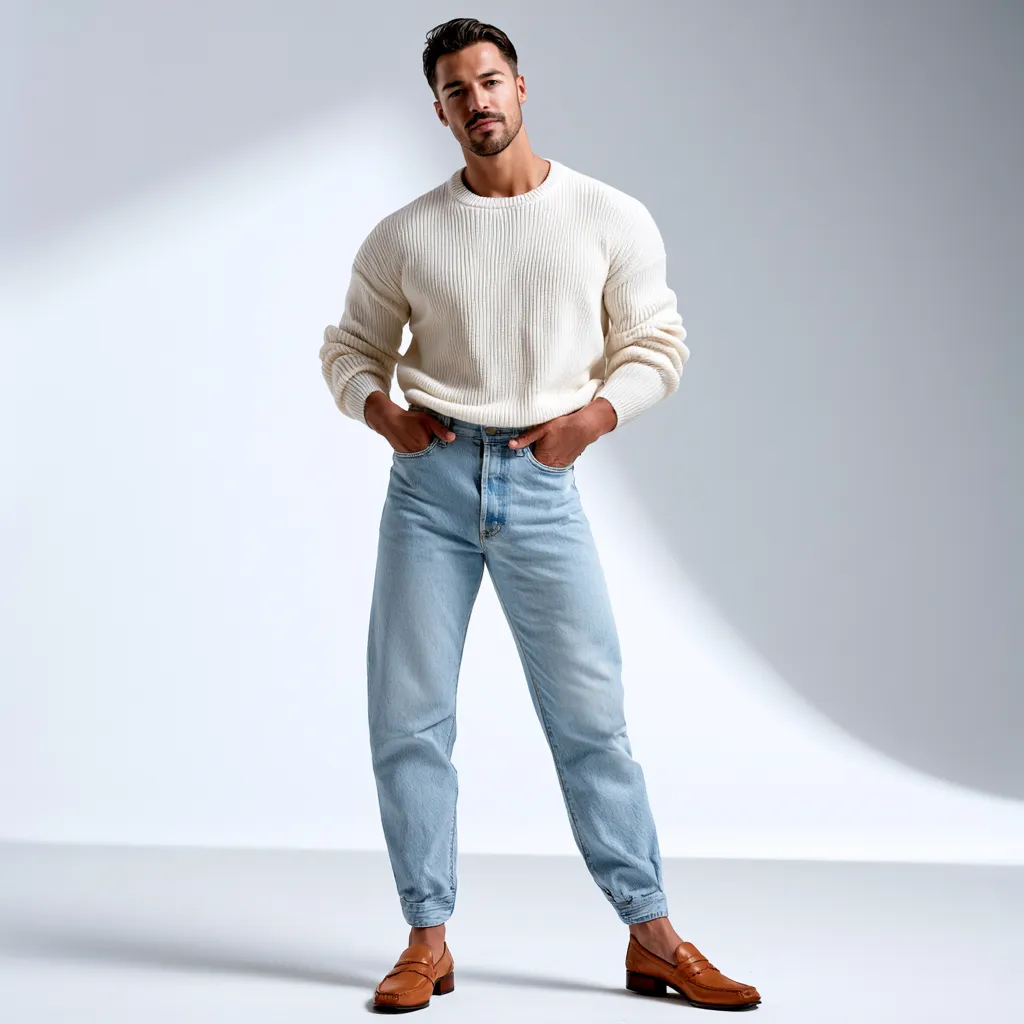 barrel leg jeans men mid-wash blue studio editorial