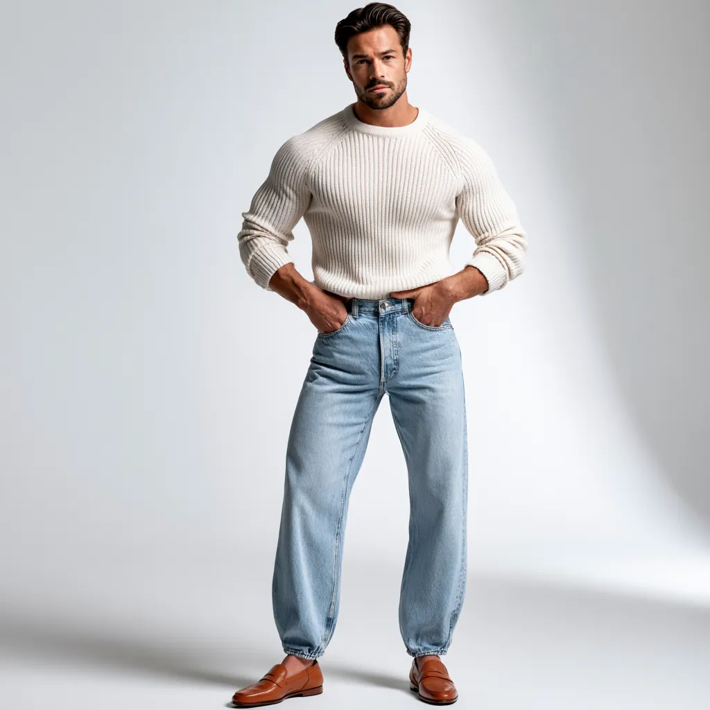 curved denim silhouette men spring 2026 fashion shoot