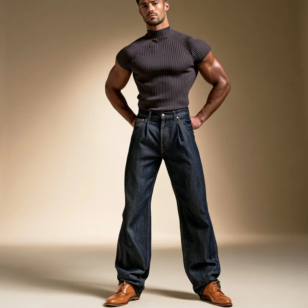 men barrel jeans dark indigo ribbed turtleneck oxford shoes